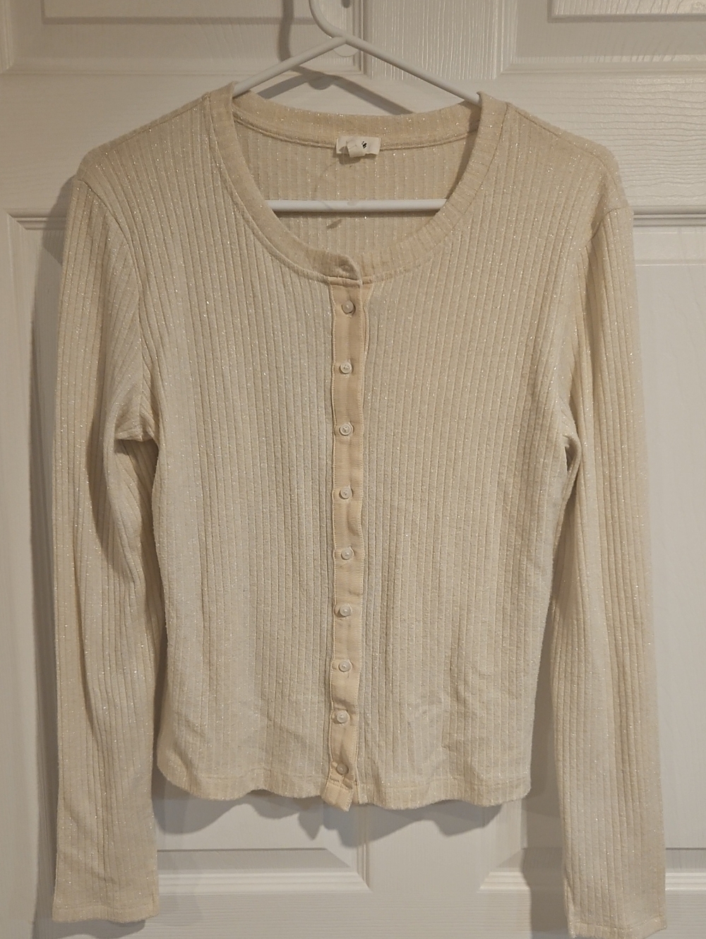 aerie Cream Ribbed Button-Up Cardigan with Subtle Shimmer